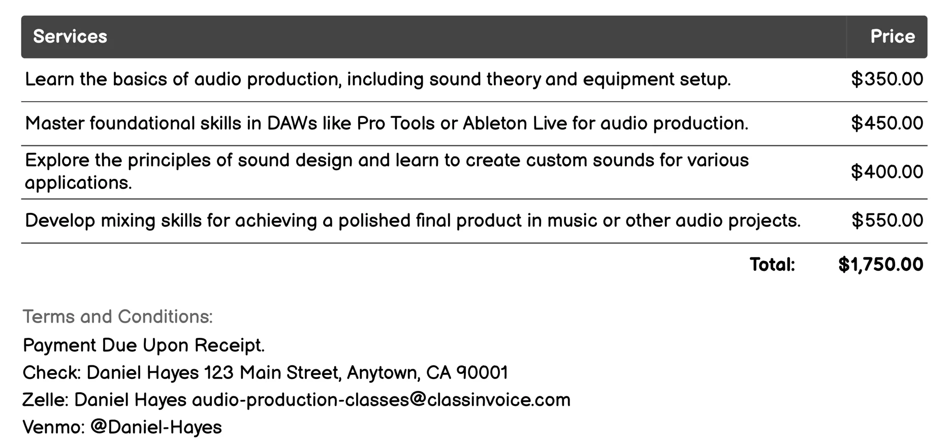 Audio Engineering Invoice Example