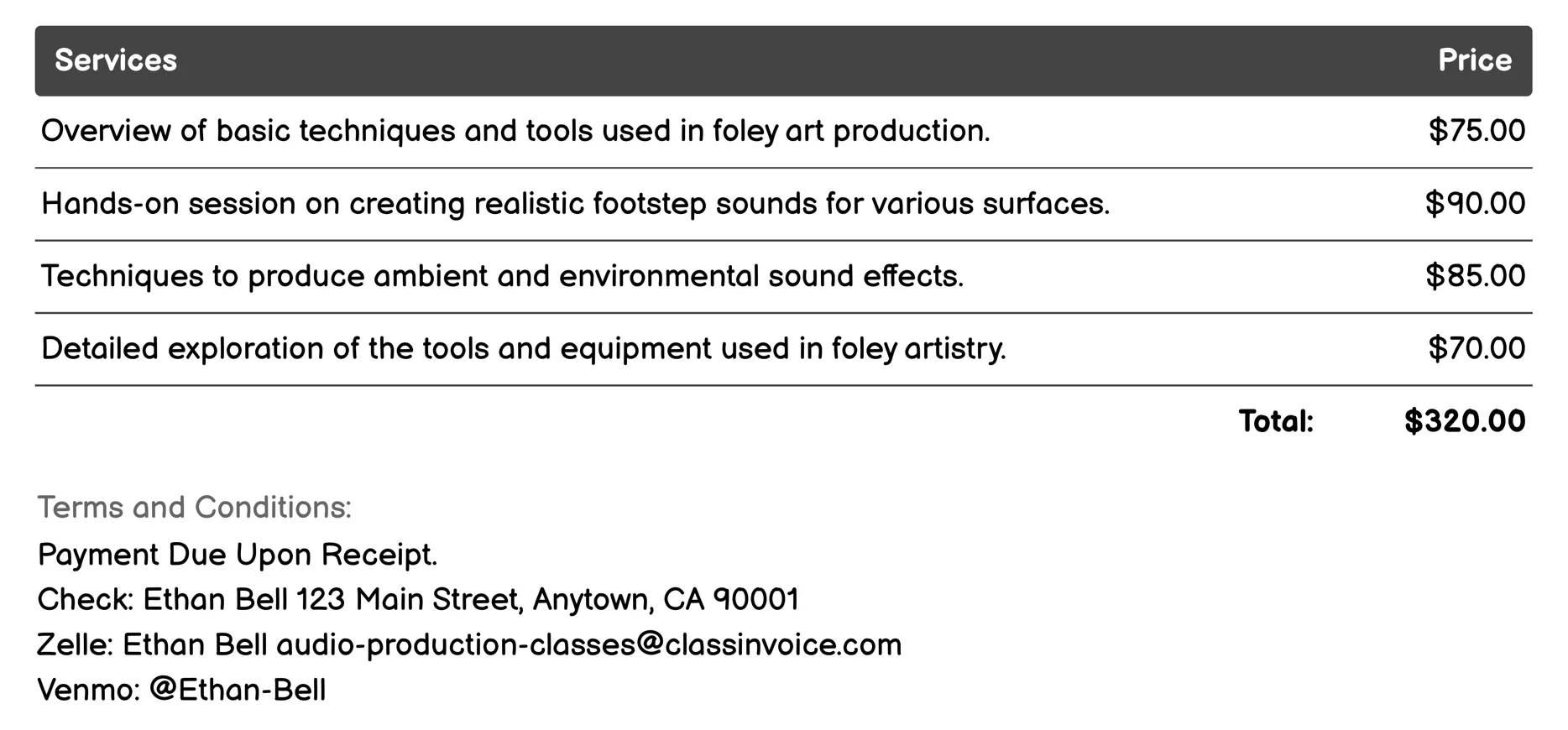 Foley Artistry Invoice Example