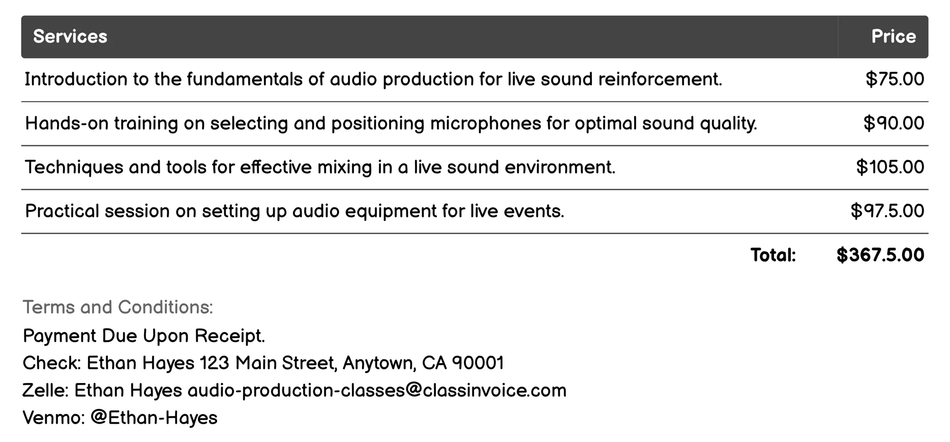 Live Sound Reinforcement Invoice Example