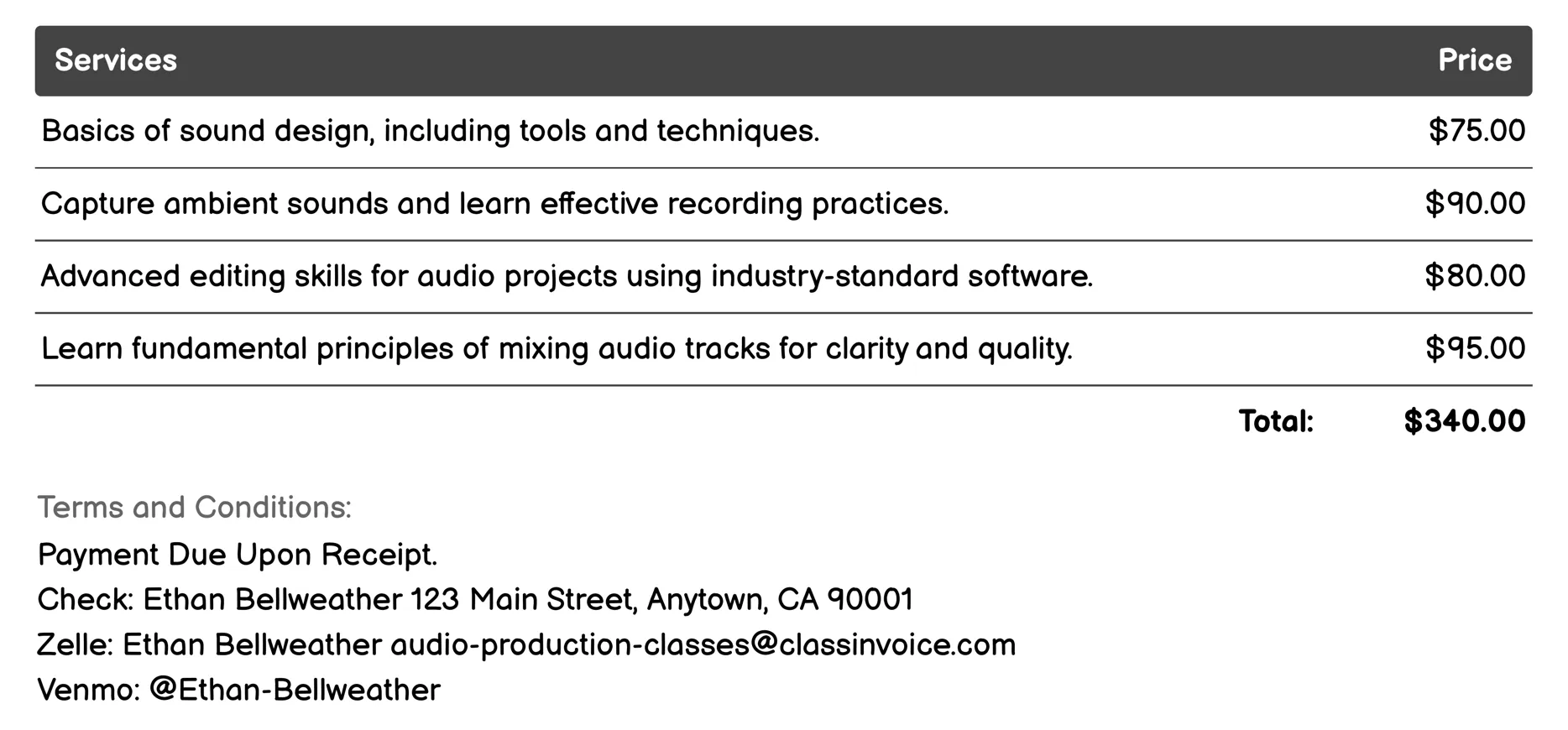 Sound Design Invoice Example