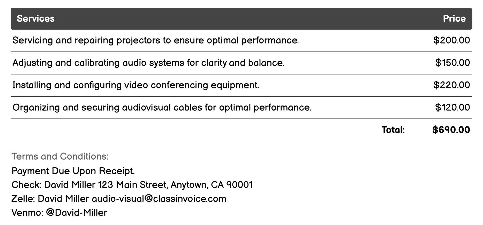 AV Support and Maintenance Invoice Example