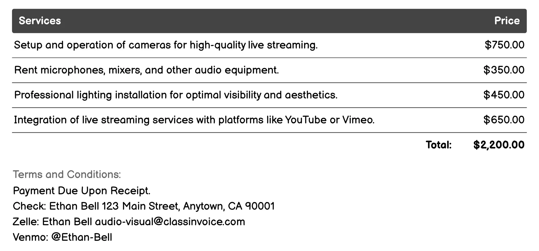Live Streaming Services Invoice Example