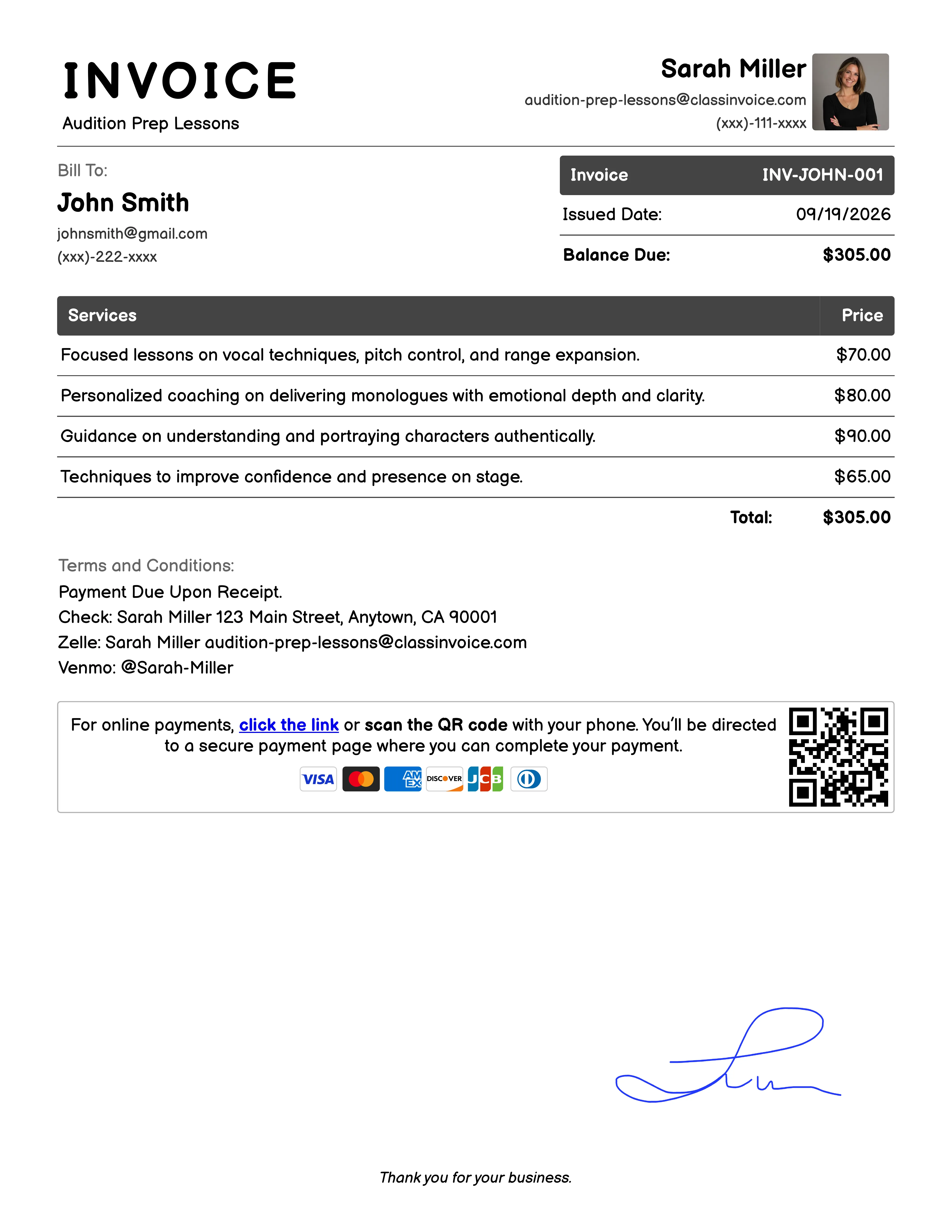 Audition Prep Lessons Invoice Example