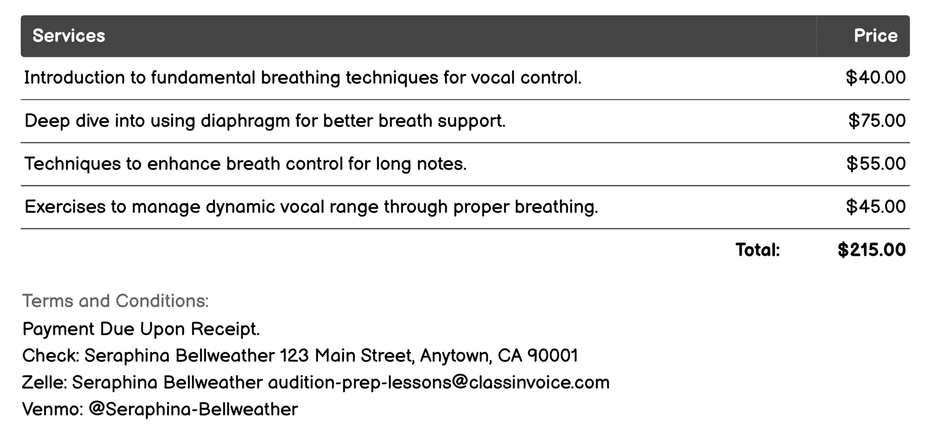 Breathing Techniques Invoice Example