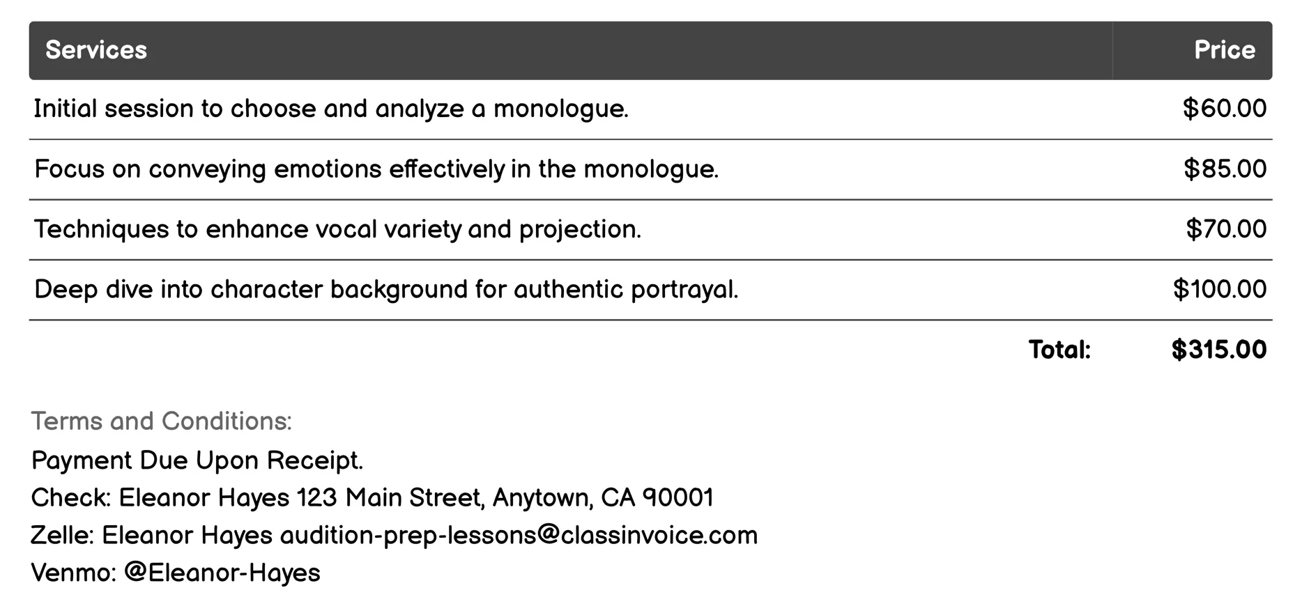 Monologue Coaching Invoice Example
