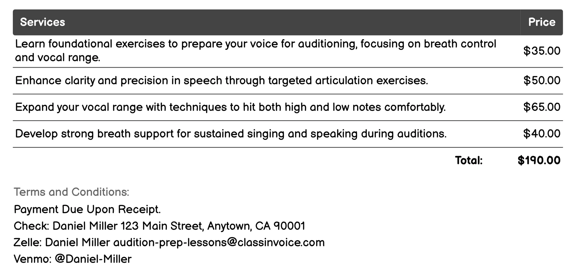 Vocal Warm-Up Techniques Invoice Example