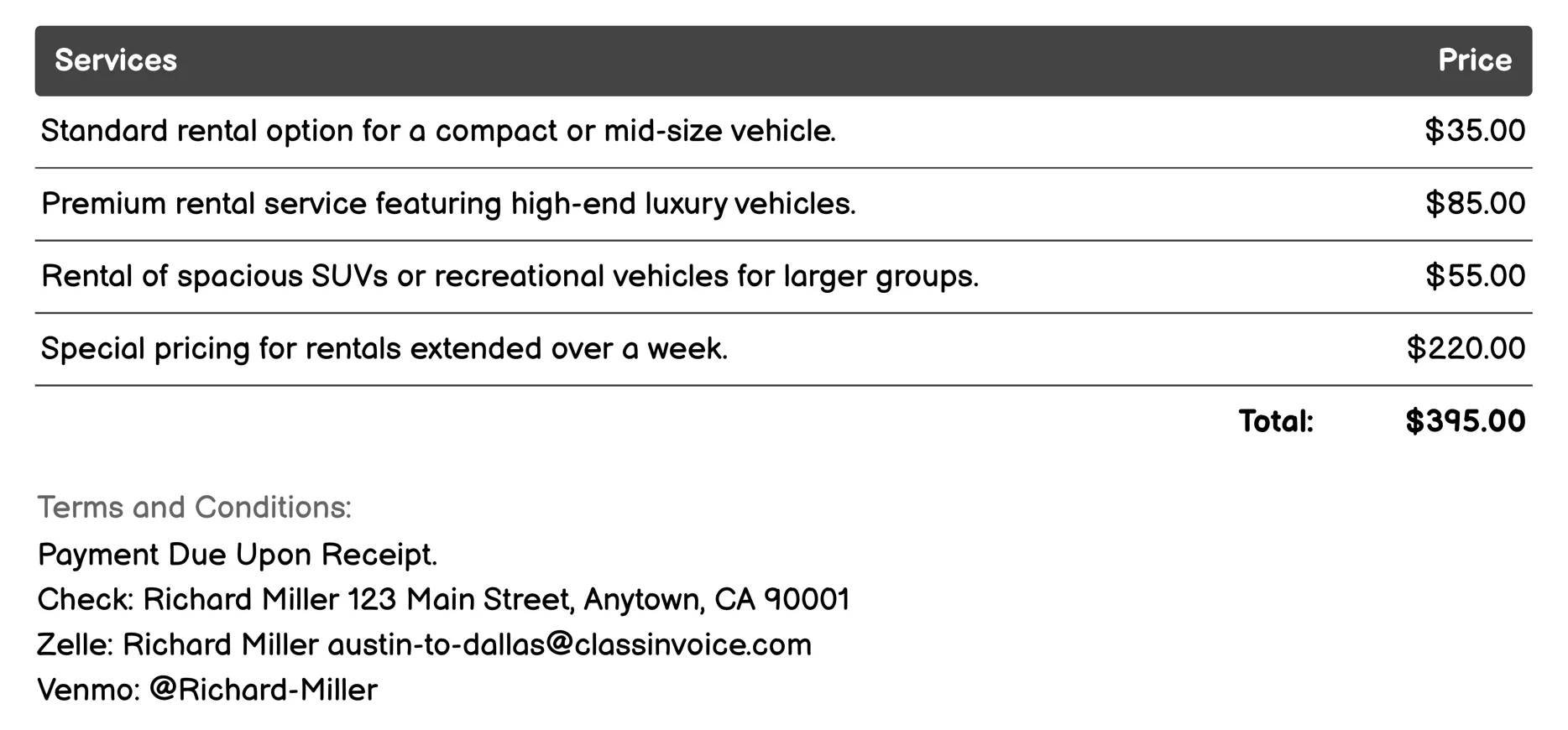 Car Rental Services Invoice Example