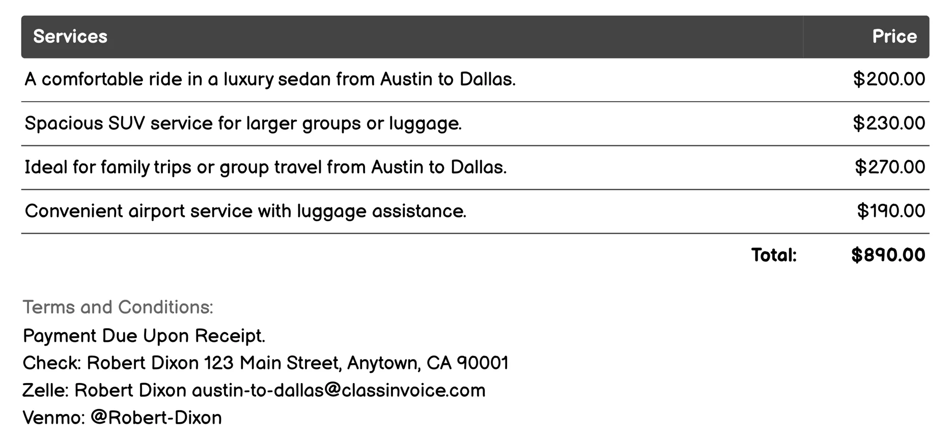Private Chauffeur Services Invoice Example
