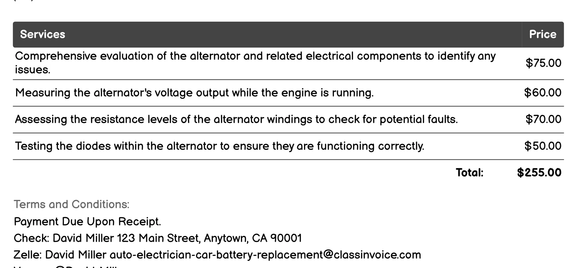 Alternator Testing Invoice Example
