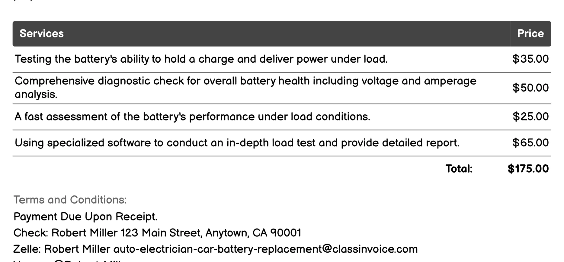 Battery Load Testing Invoice Example
