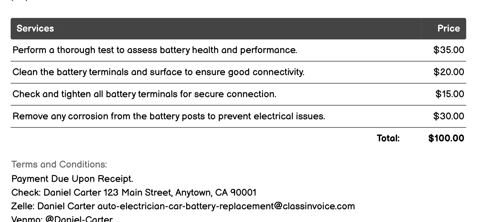 Battery Maintenance Invoice Example