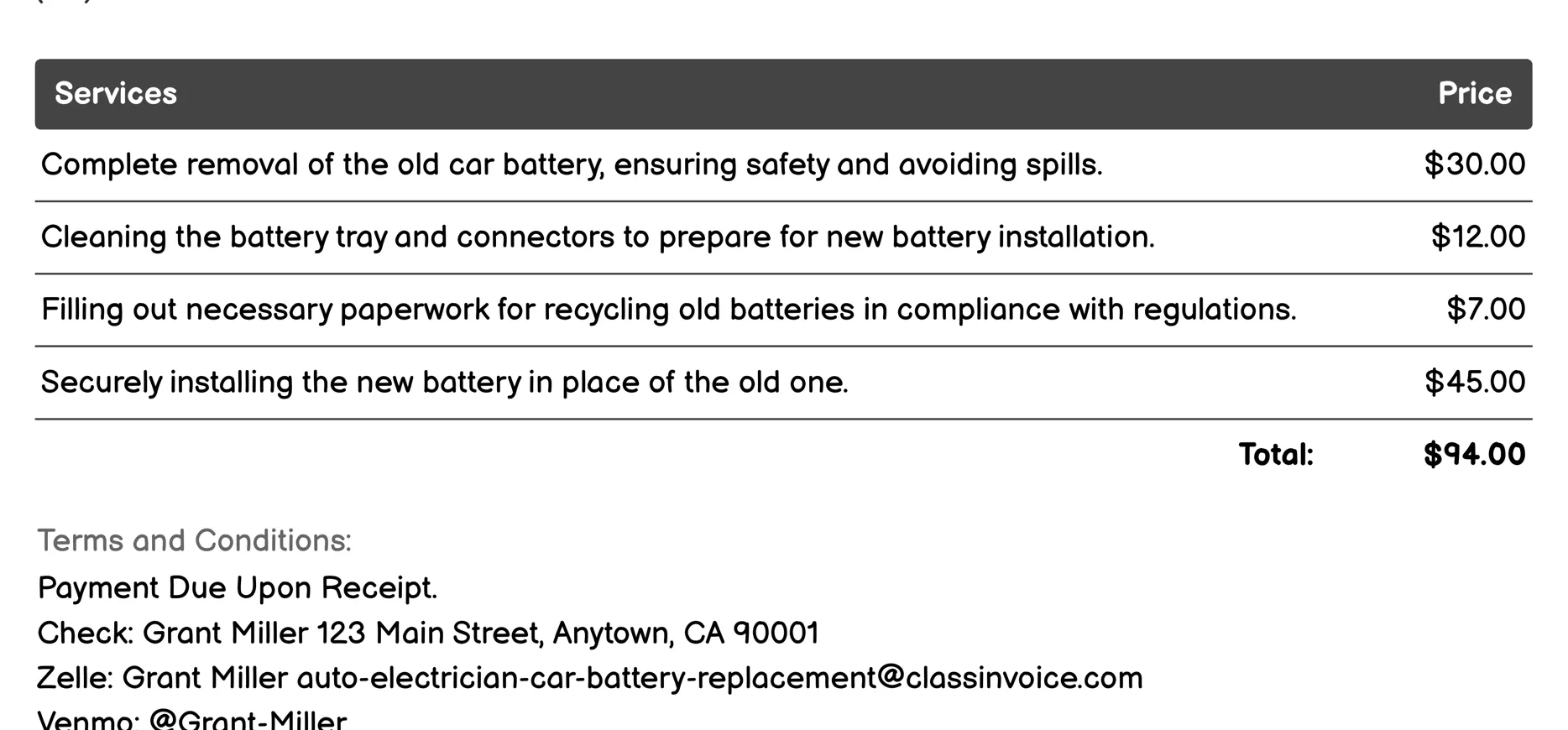 Battery Recycling Invoice Example