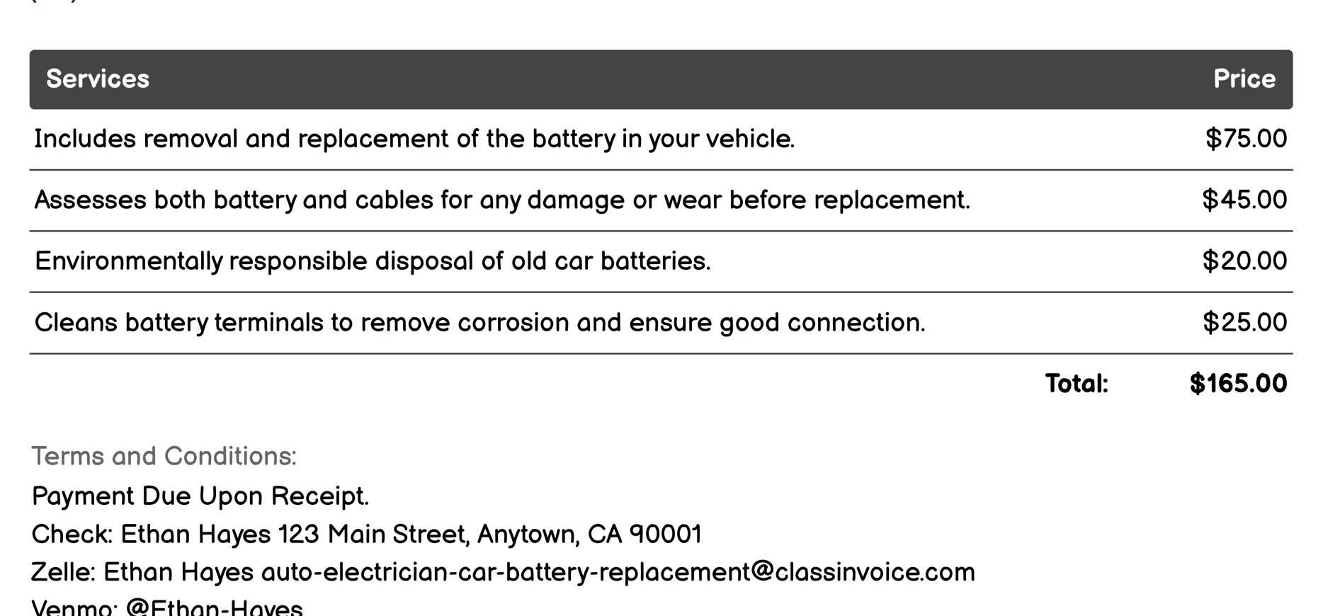 Battery Replacement Invoice Example