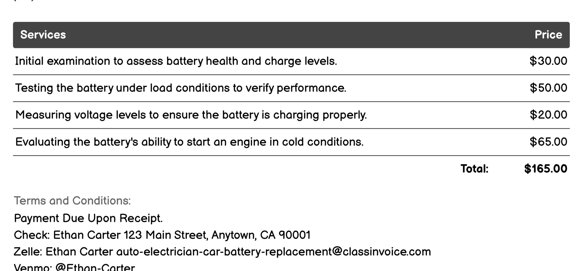 Battery Testing Invoice Example