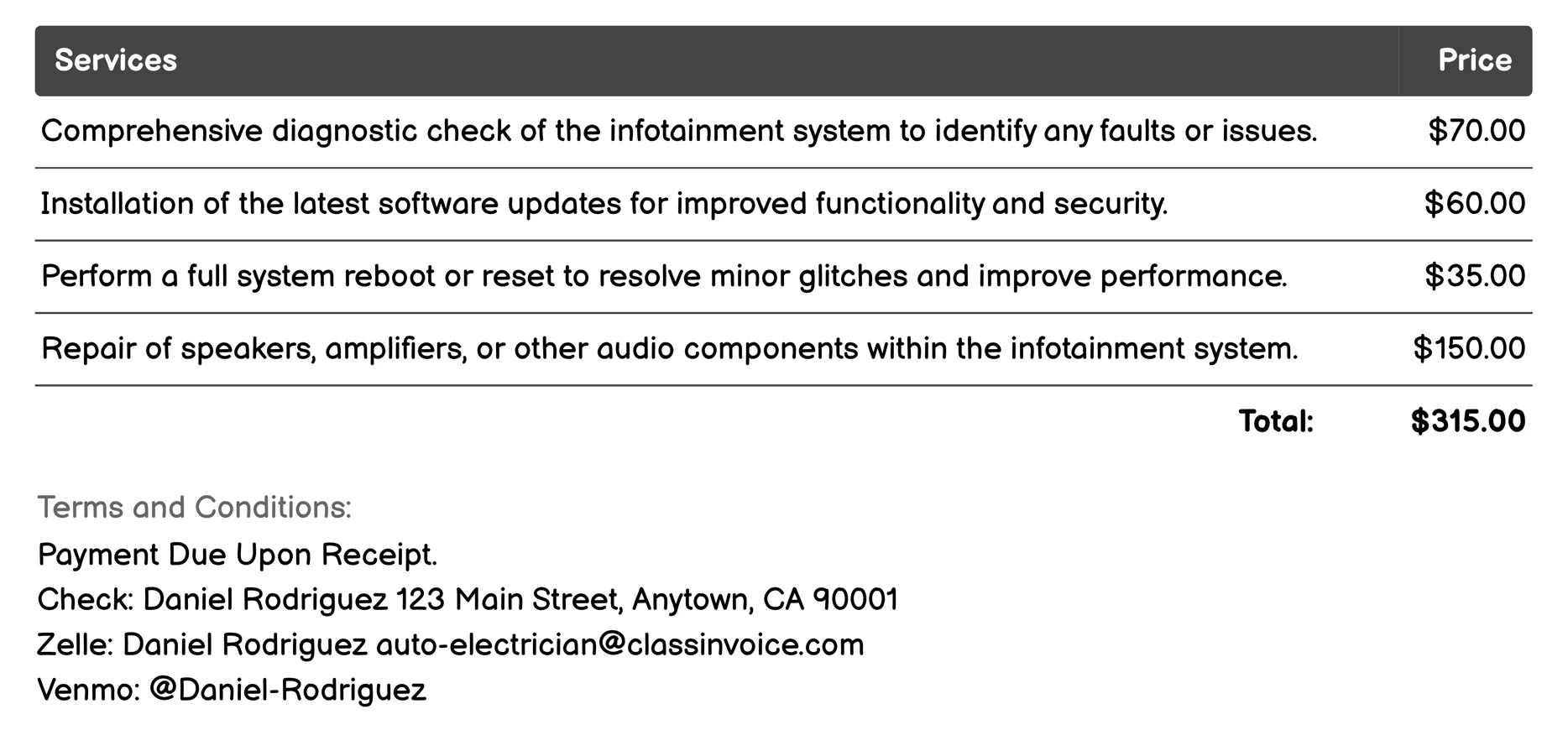 Infotainment System Repair Invoice Example