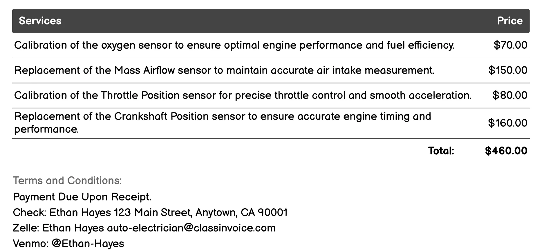 Sensor Calibration and Replacement Invoice Example