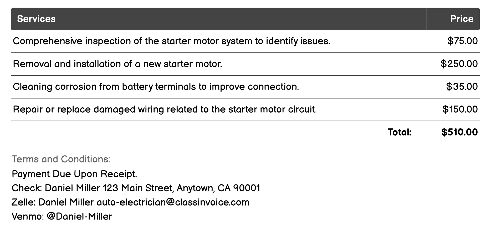Starter Motor Service Invoice Example