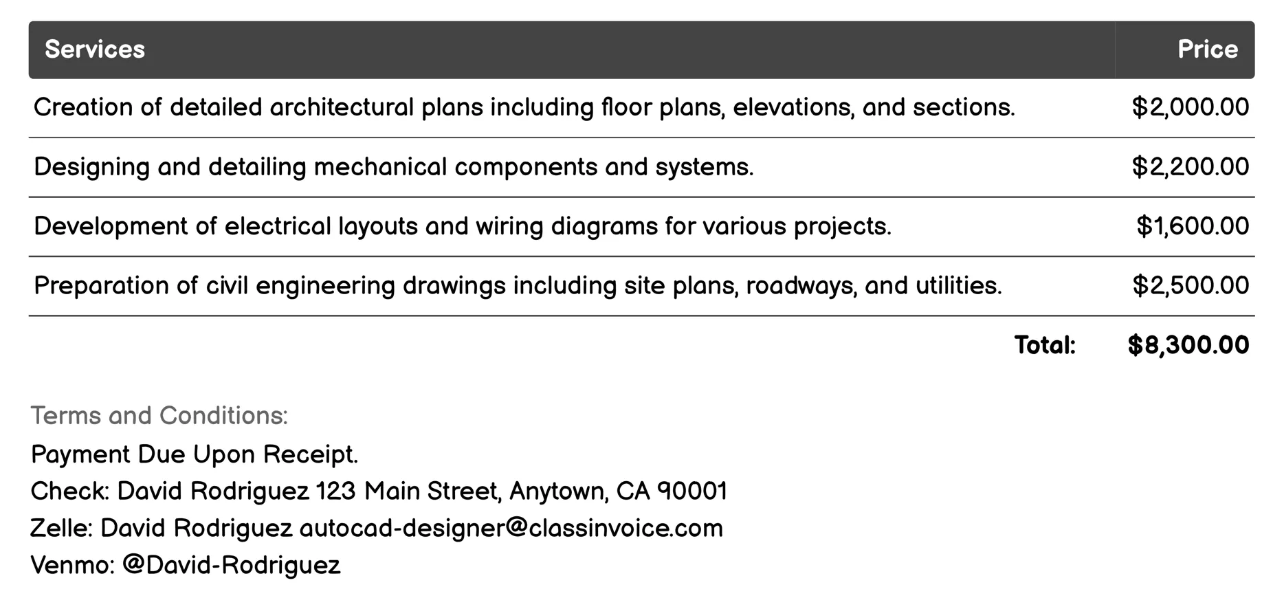 CAD Drafting Services Invoice Example