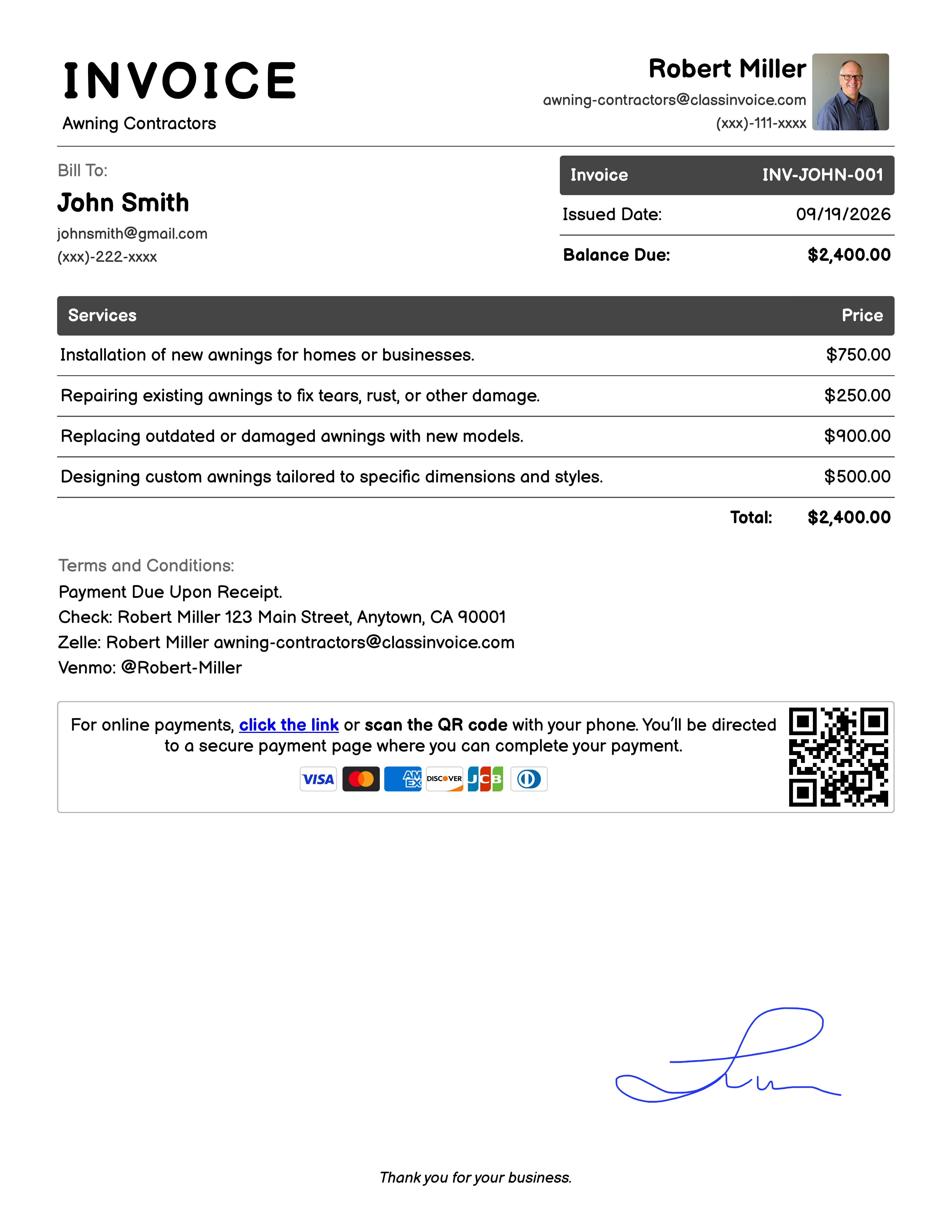 Awning Contractors Invoice Example