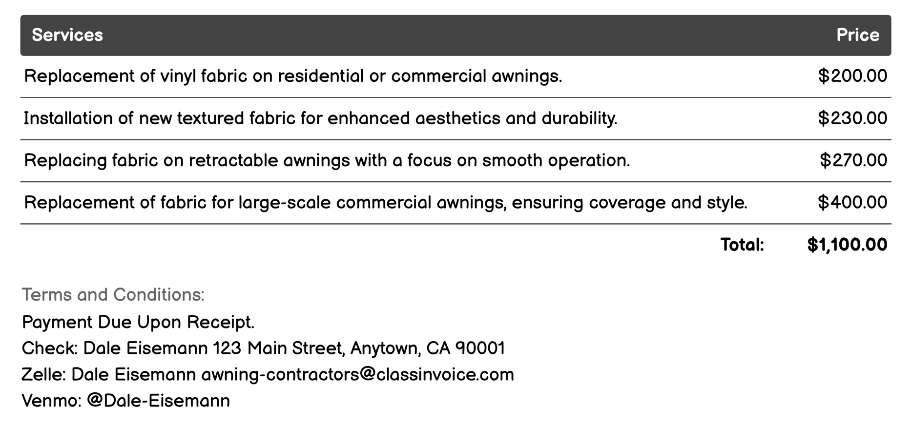 Fabric Replacement Invoice Example