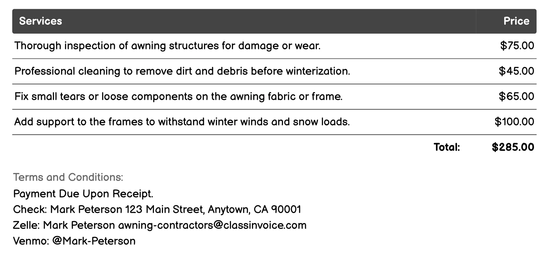 Winterization Invoice Example
