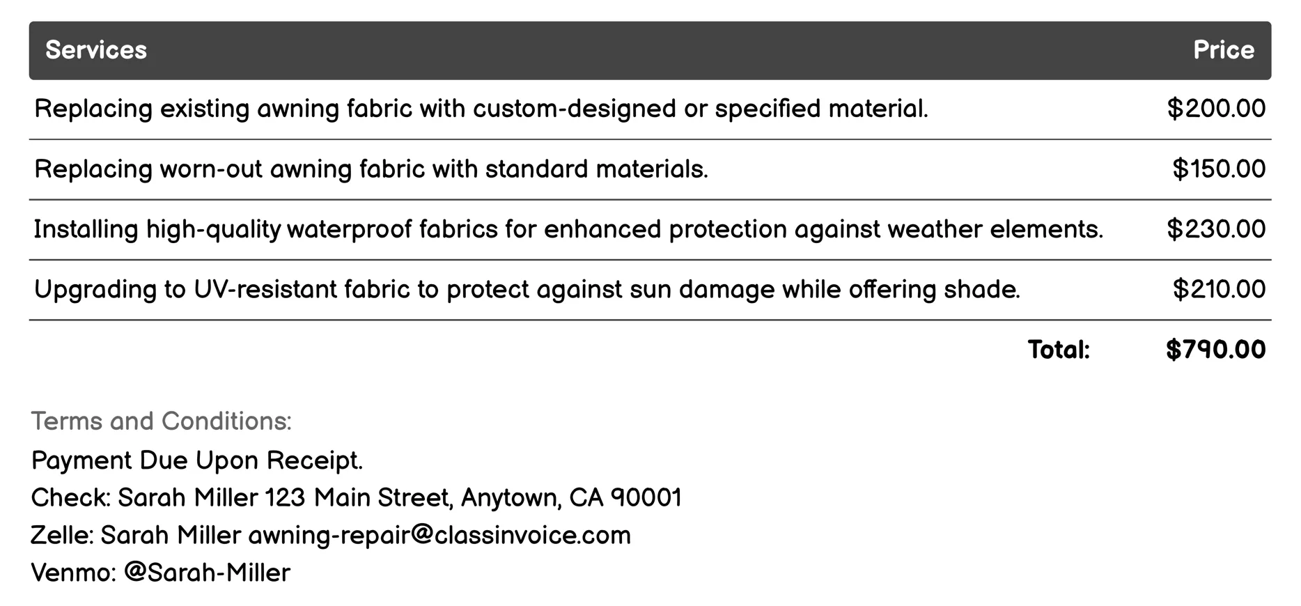 Fabric Replacement Invoice Example