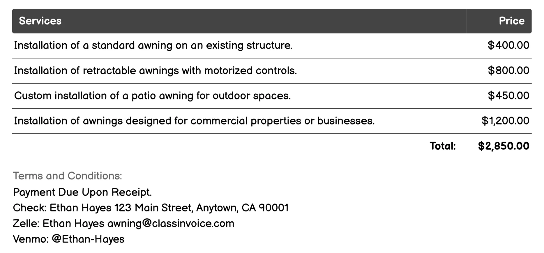 Installation Invoice Example