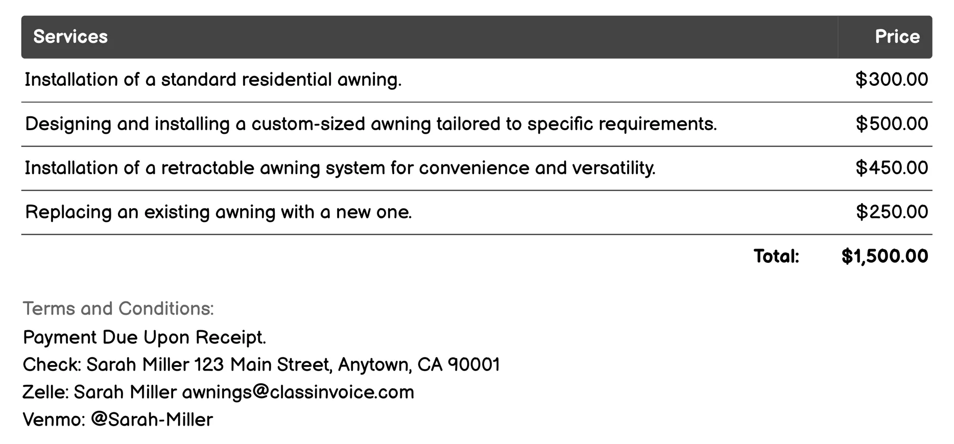 Residential Awnings Invoice Example