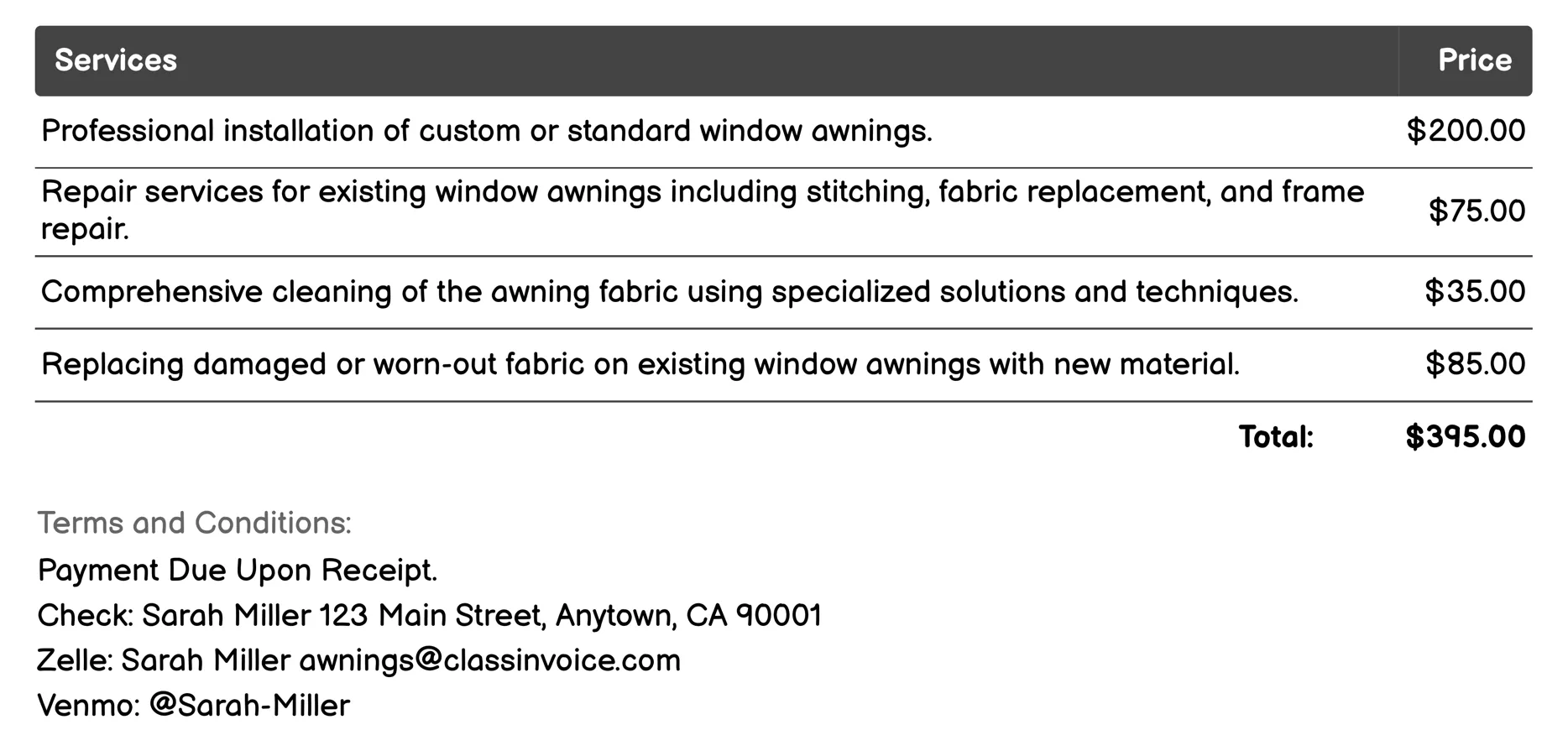 Window Awnings Invoice Example
