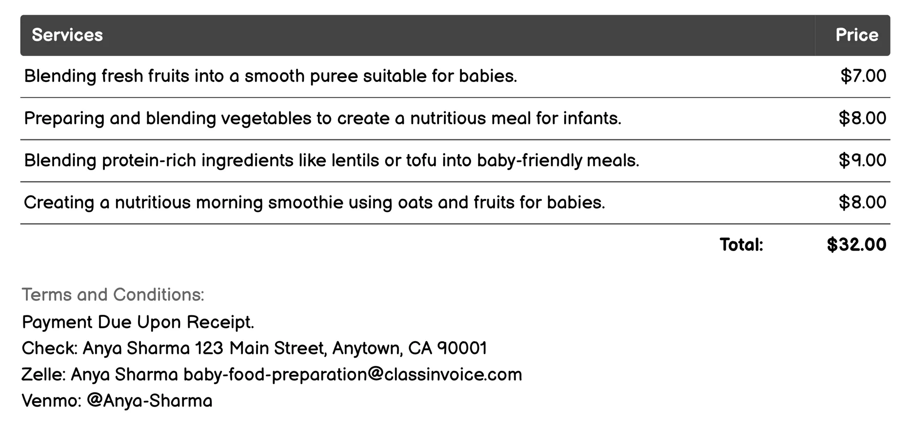 Baby Food Blending Service Invoice Example