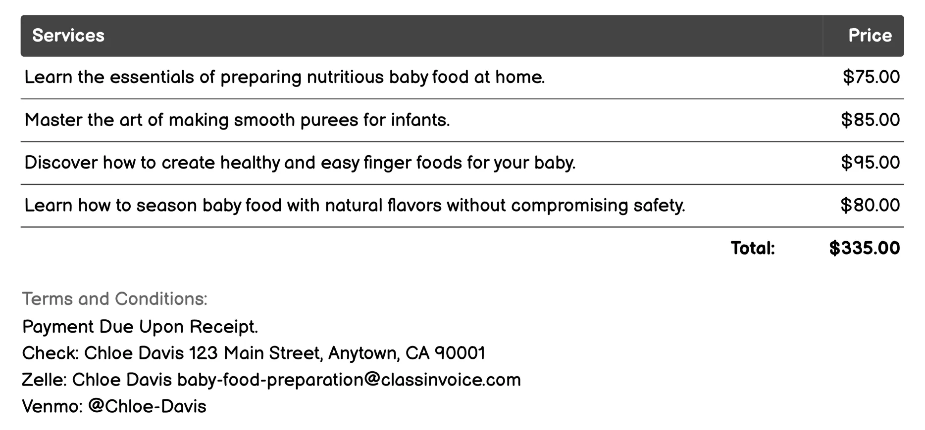 Cooking Classes for Parents Invoice Example