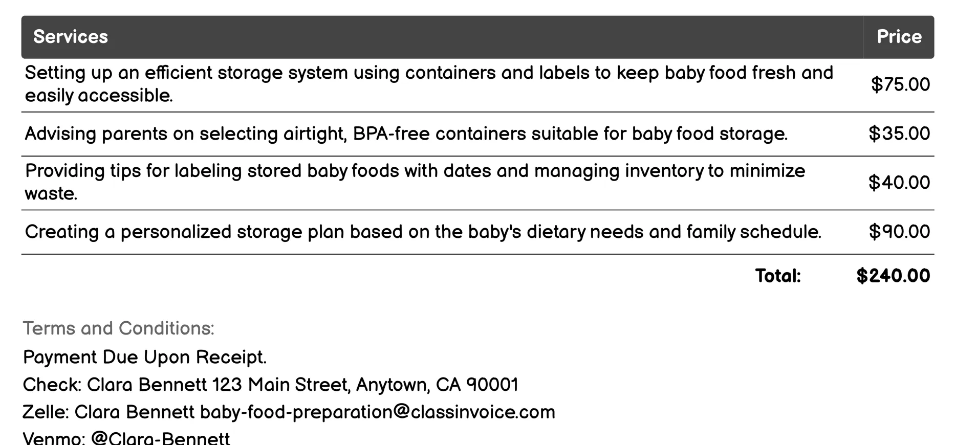 Storage Solutions and Advice Invoice Example