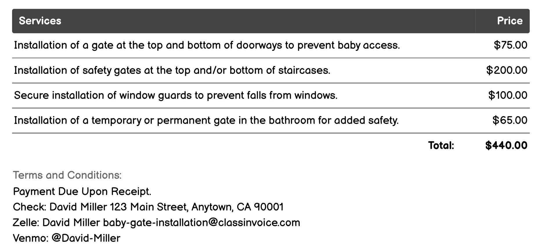 Custom Gate Solutions Invoice Example