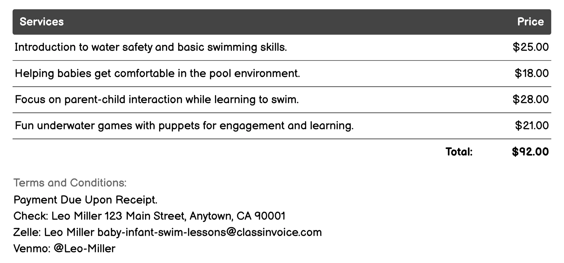 On-Demand Swim Lessons Invoice Example