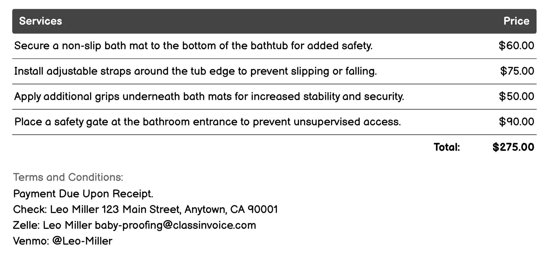 Bathtub Mats or Straps Invoice Example