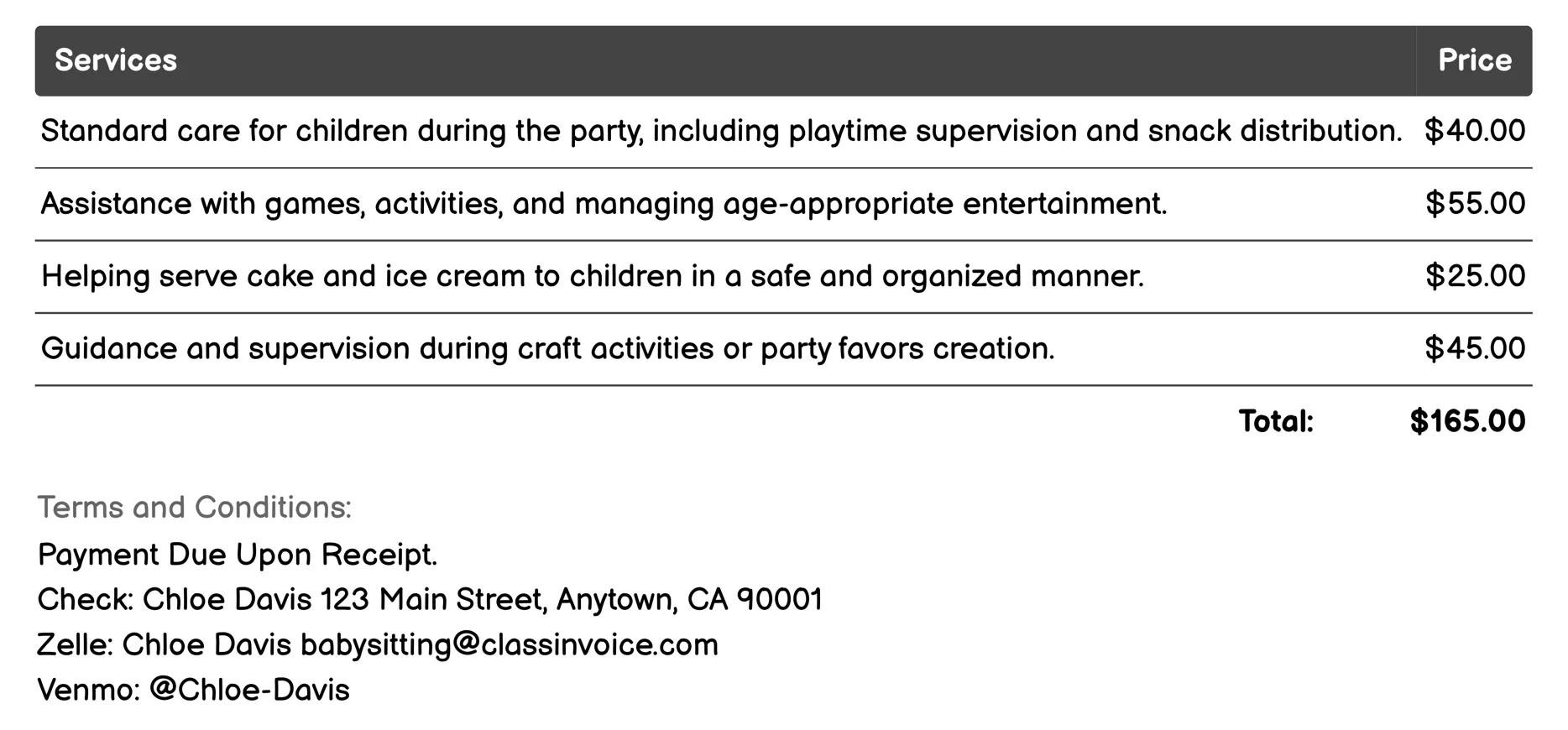 Birthday Party Babysitter Invoice Example