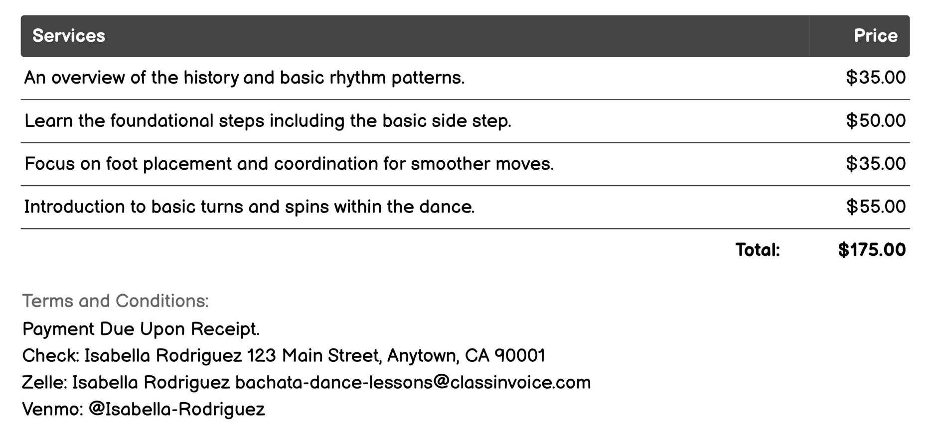 Beginner Workshops Invoice Example