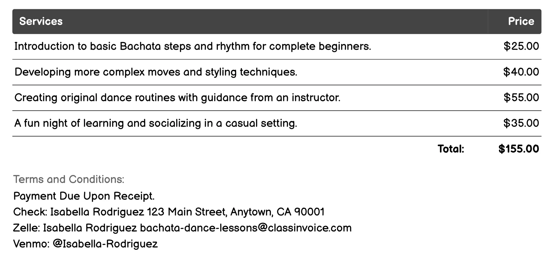 Group Classes Invoice Example