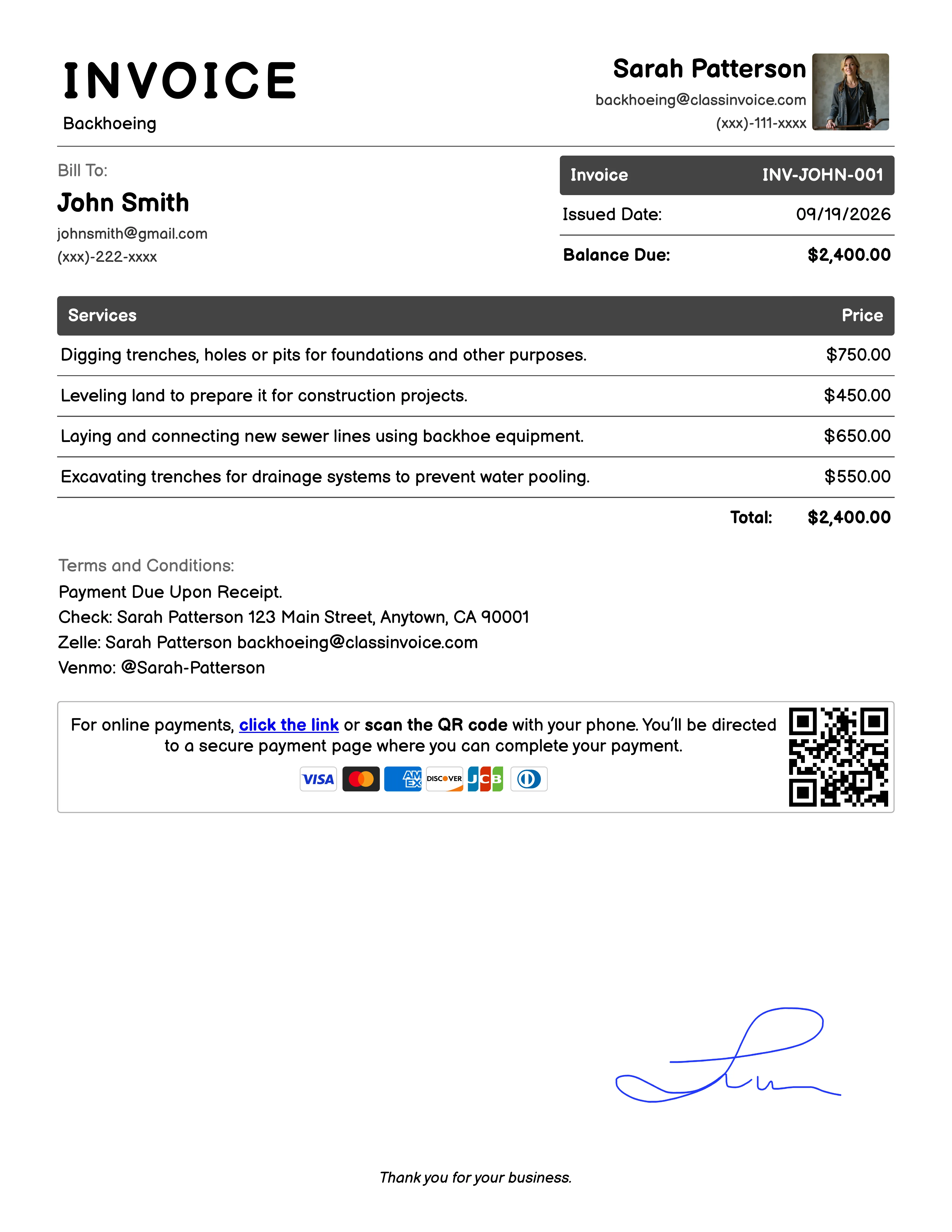 Backhoeing Invoice Example