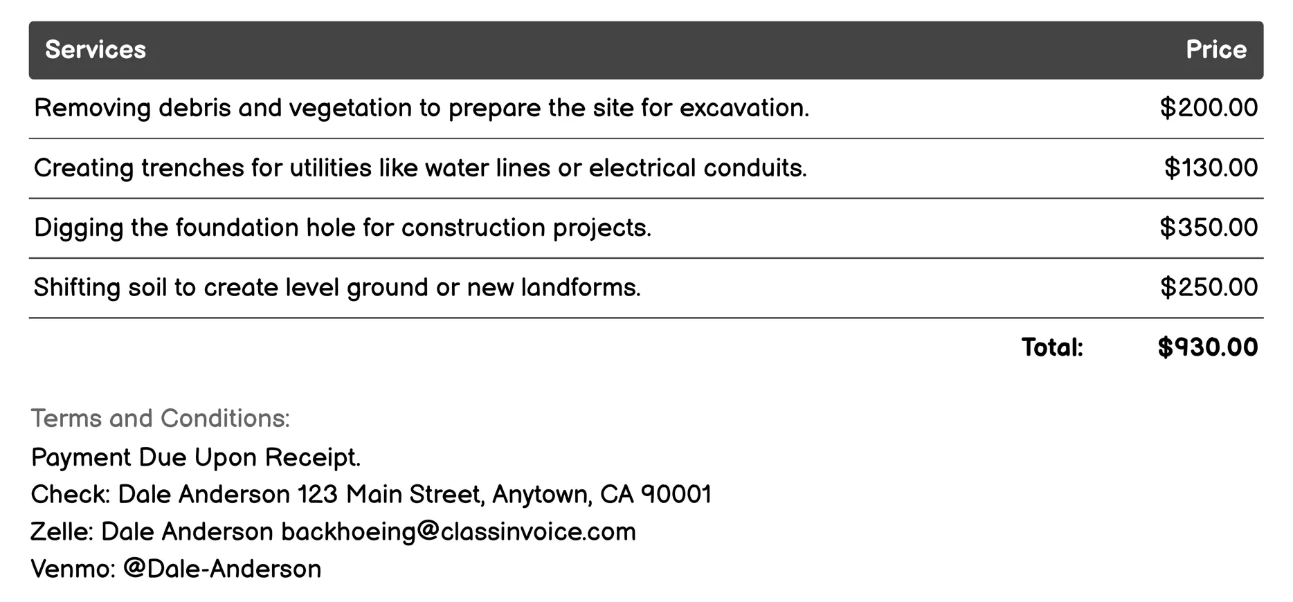 Excavation Invoice Example
