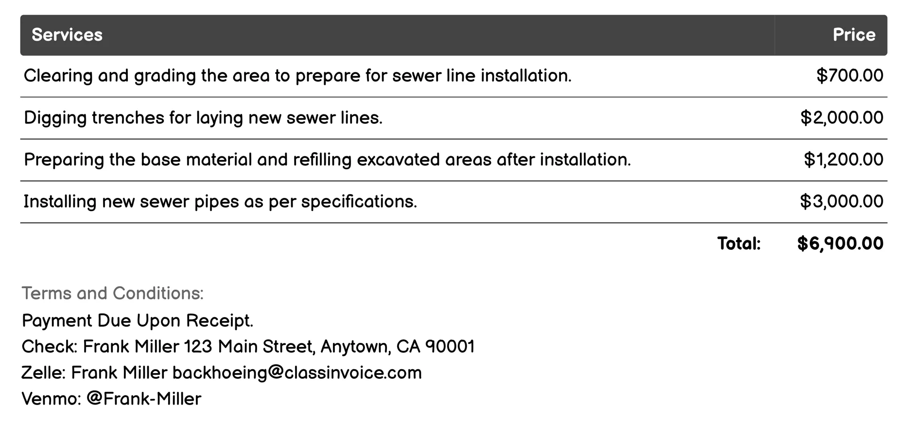 Sewer Line Installation/Repair Invoice Example