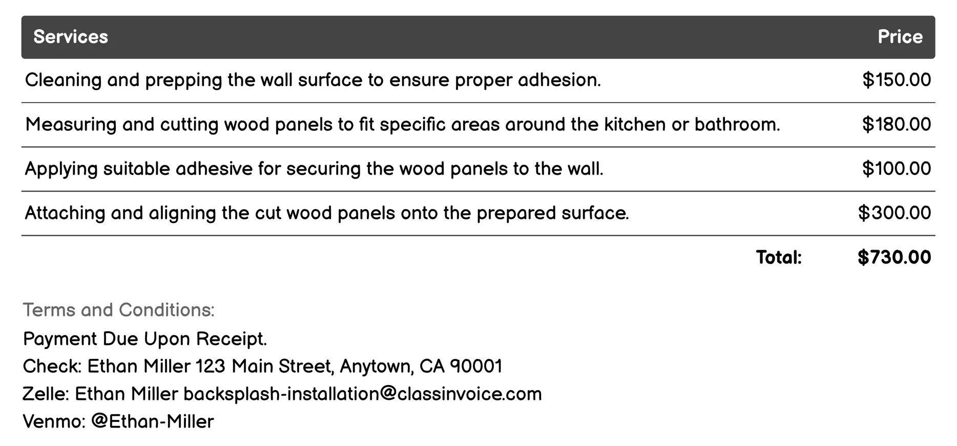 Wood Panel Backsplash Invoice Example