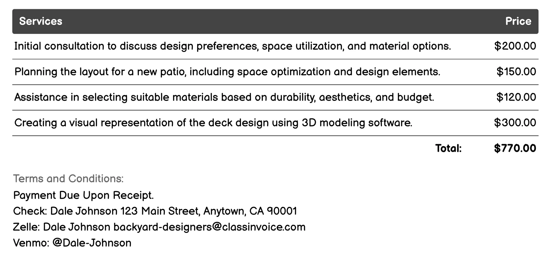 Deck and Patio Construction Invoice Example