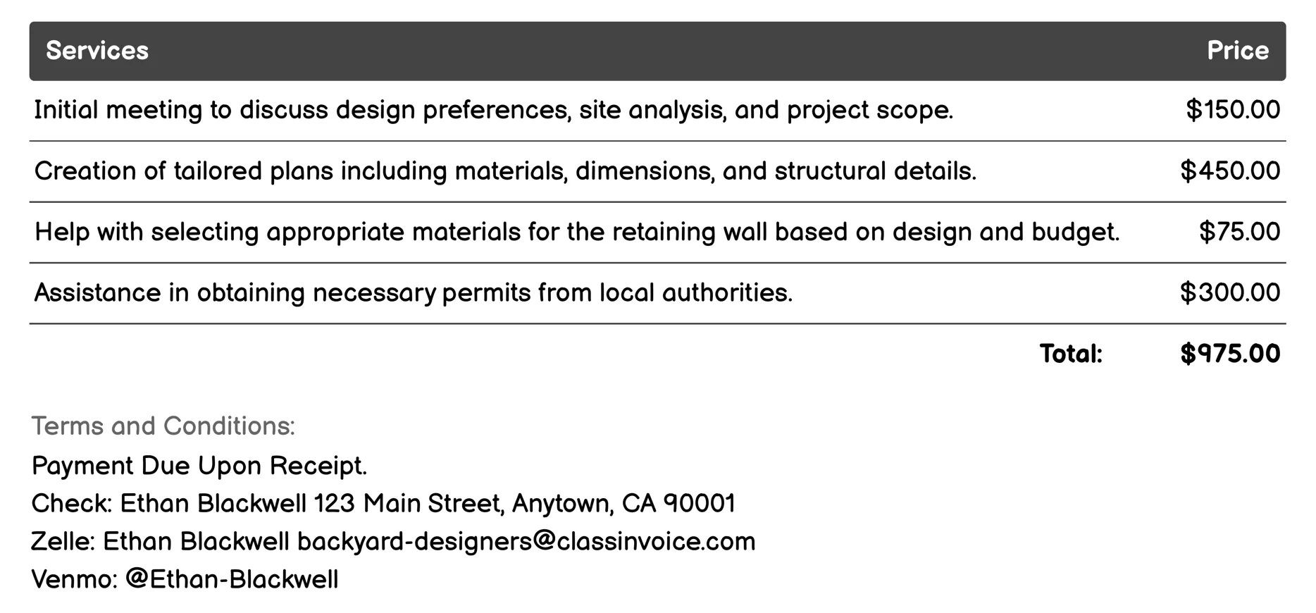 Retaining Wall Construction Invoice Example