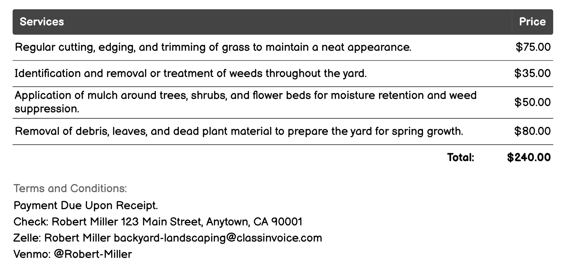 Seasonal Landscaping Services Invoice Example