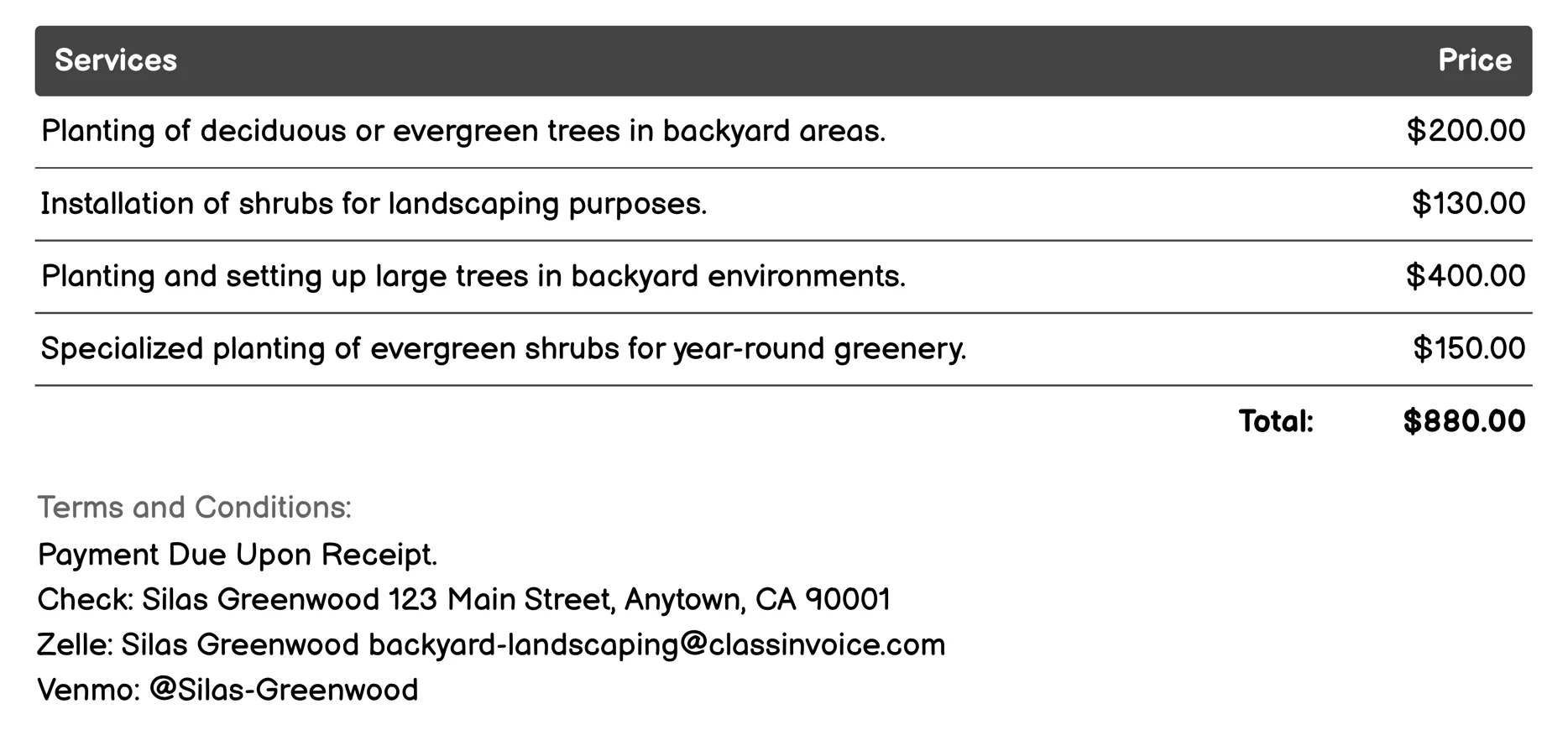 Tree and Shrub Planting Invoice Example