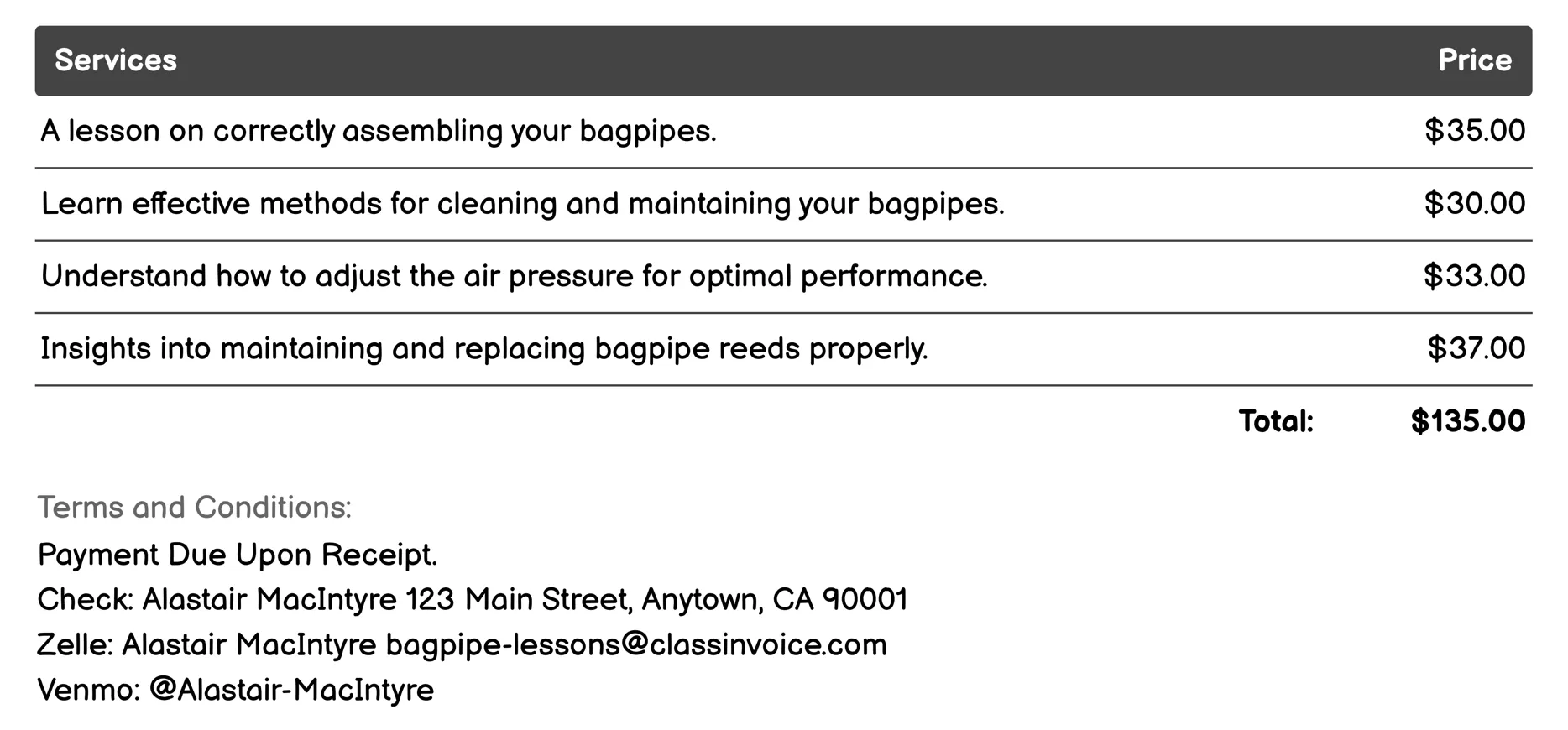 Bagpipe Maintenance and Care Lessons Invoice Example