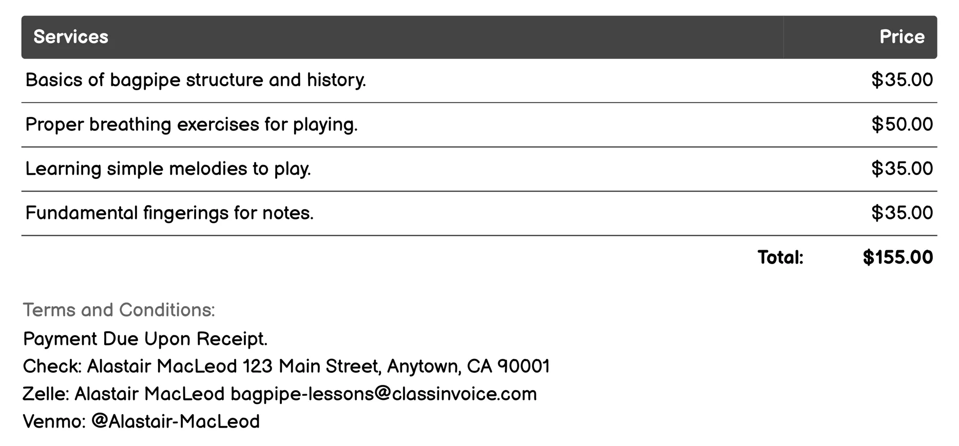 Beginner Bagpipe Lessons Invoice Example