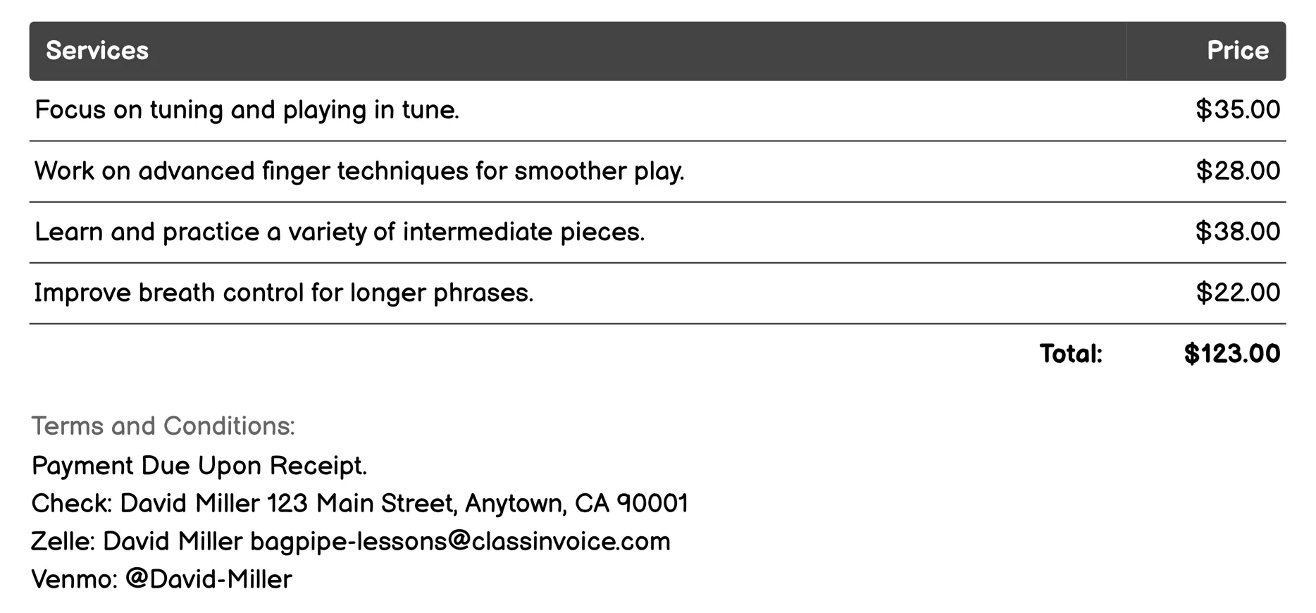 Intermediate Bagpipe Lessons Invoice Example