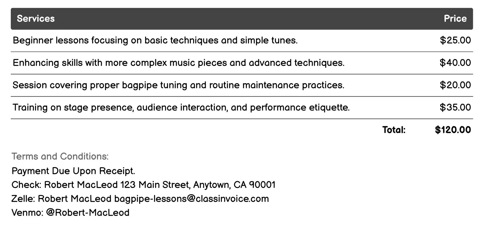 Performance Preparation Lessons Invoice Example